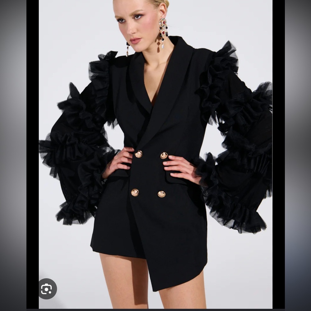 AKIRA Black Blazer with Ruffled Sleeves and Gold Buttons